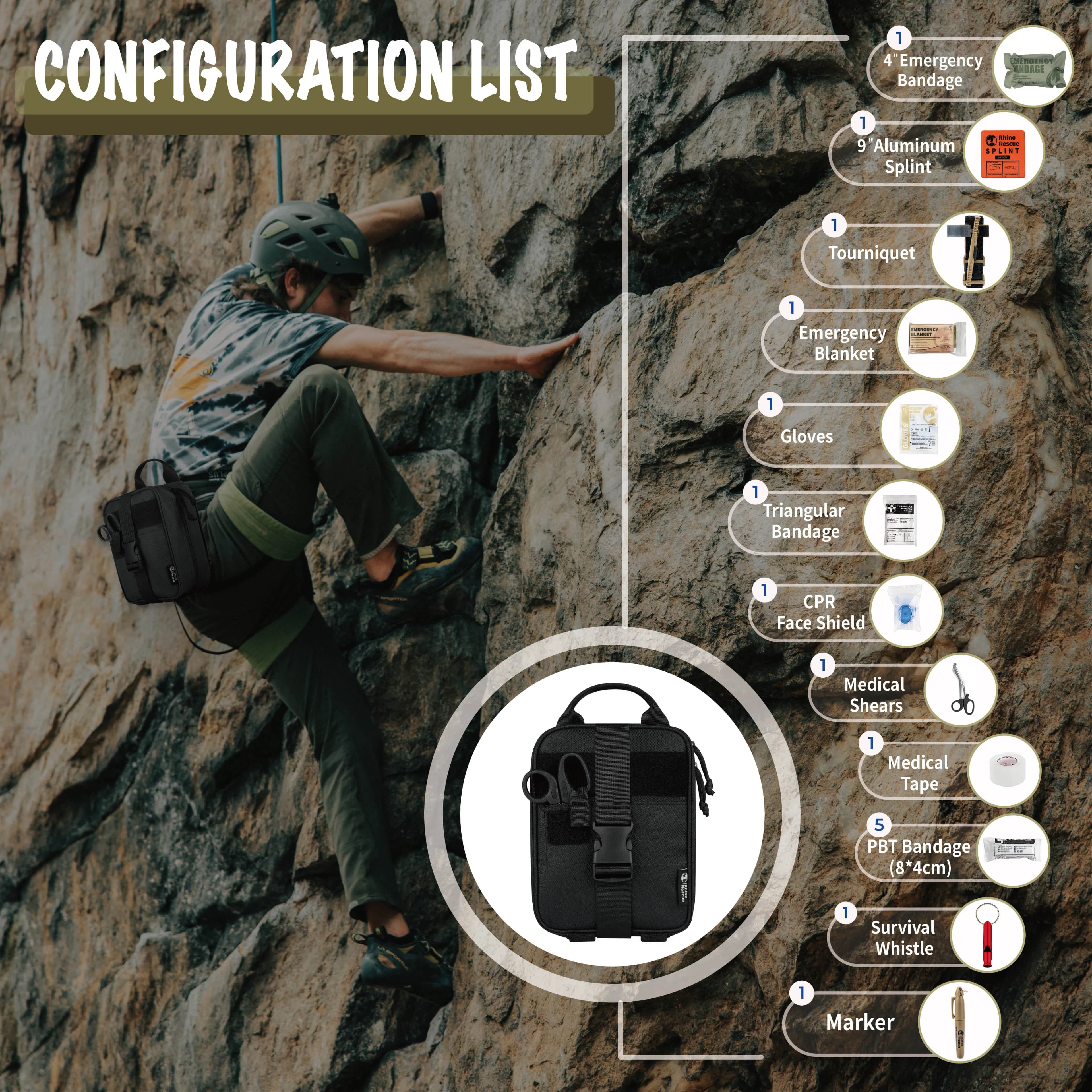 Rhino Survival Kit - Pierwsza Pomoc na Camping z 20 Elementami EMT 🏕️